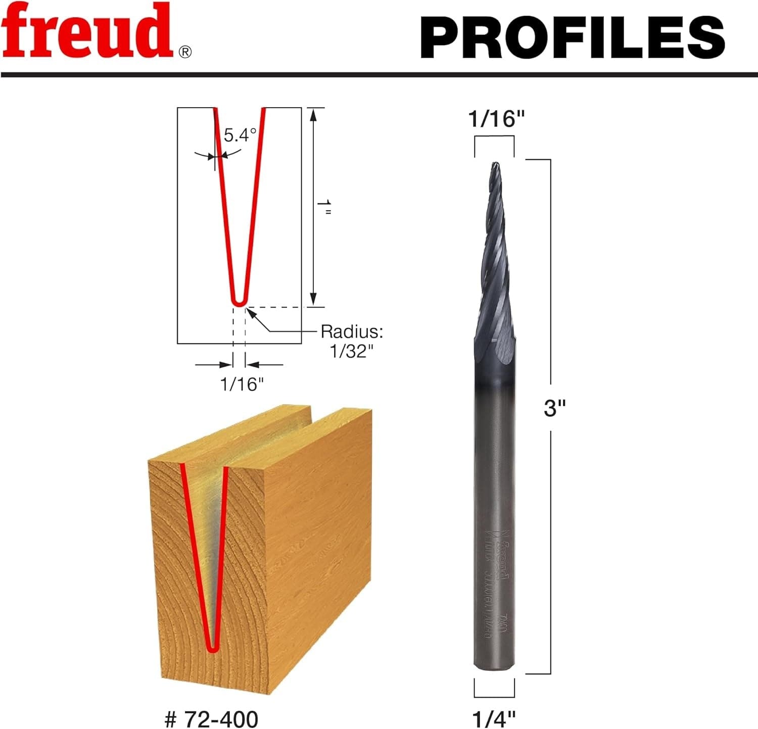 Technical profile diagram and wood carving illustration showing the 1/16-inch tip, 1/32-inch radius, and 5.4-degree angle of the Freud 72-400 bit.
