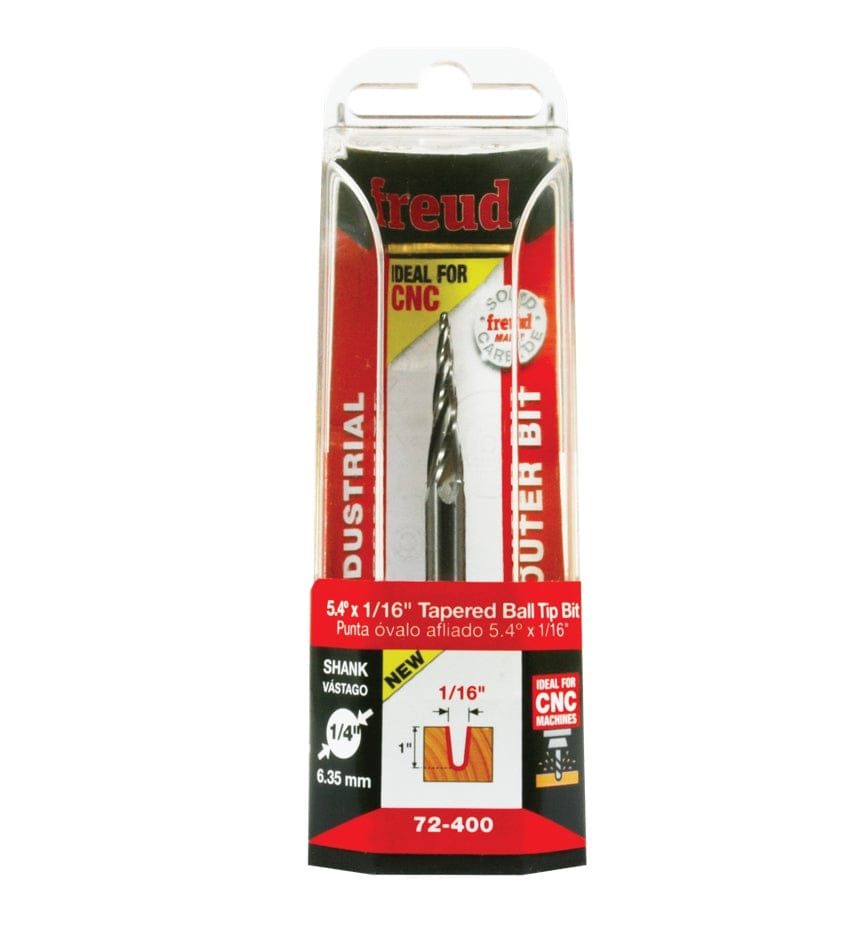 Freud 72-400 Tapered Ball Tip CNC Router Bit 5.4° Angle 1/16 Inch Dia 1/4 Inch Shank Solid Carbide for 3D Carving