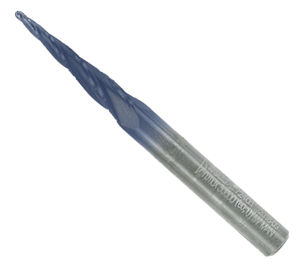 A professional studio shot of the Freud 72-401 solid carbide tapered ball tip router bit featuring a specialized dark coating and a 1/16 inch precision tip for high-resolution 3D relief carving.