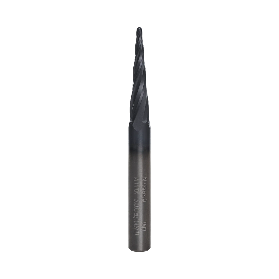A professional studio shot of the Freud 72-401 solid carbide tapered ball tip router bit featuring a specialized dark coating and a 1/16 inch precision tip for high-resolution 3D relief carving.