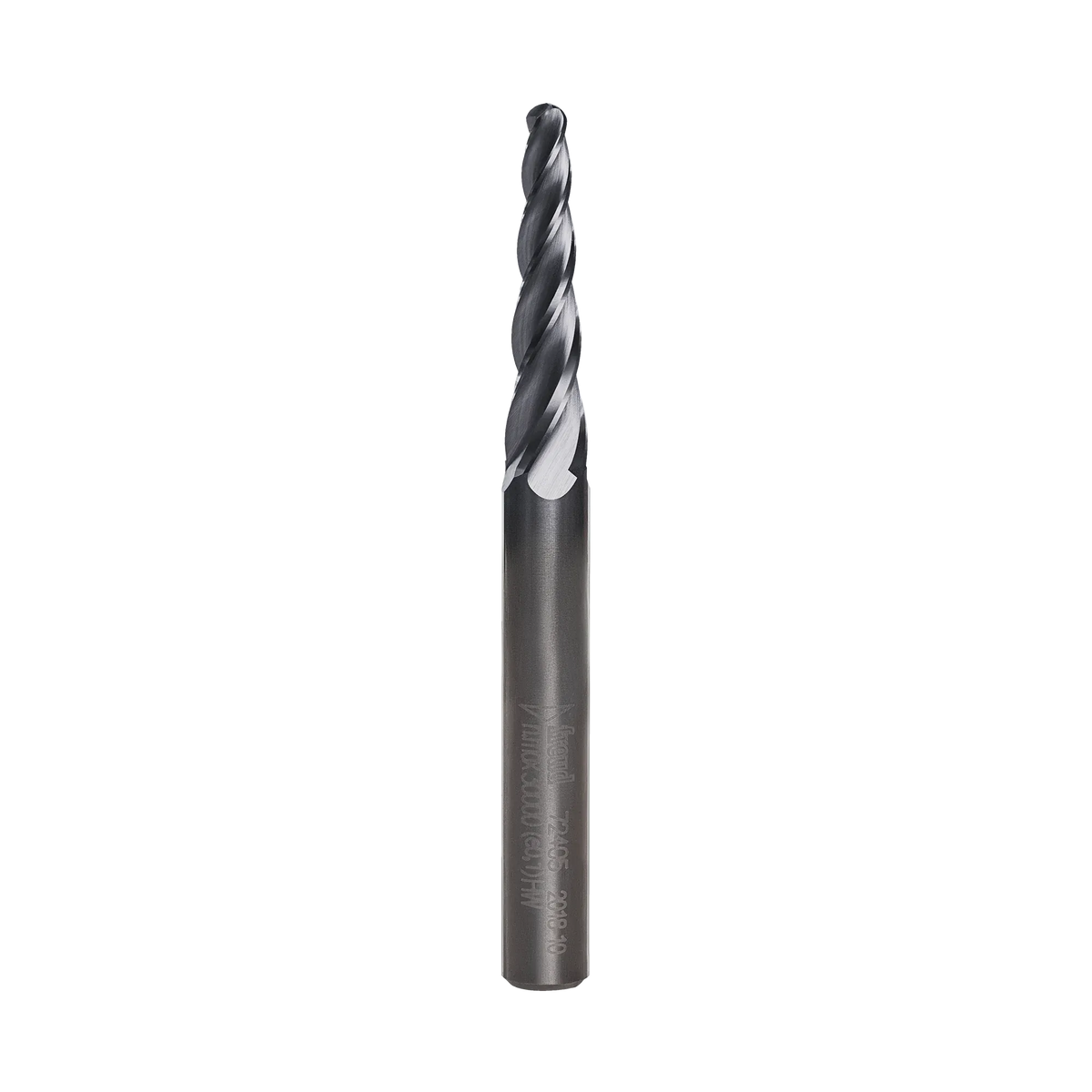 A studio shot of the Freud 72-405 solid carbide tapered ball tip router bit featuring a dark industrial coating and precision-ground flutes optimized for high-resolution 3D CNC carving and detailing.