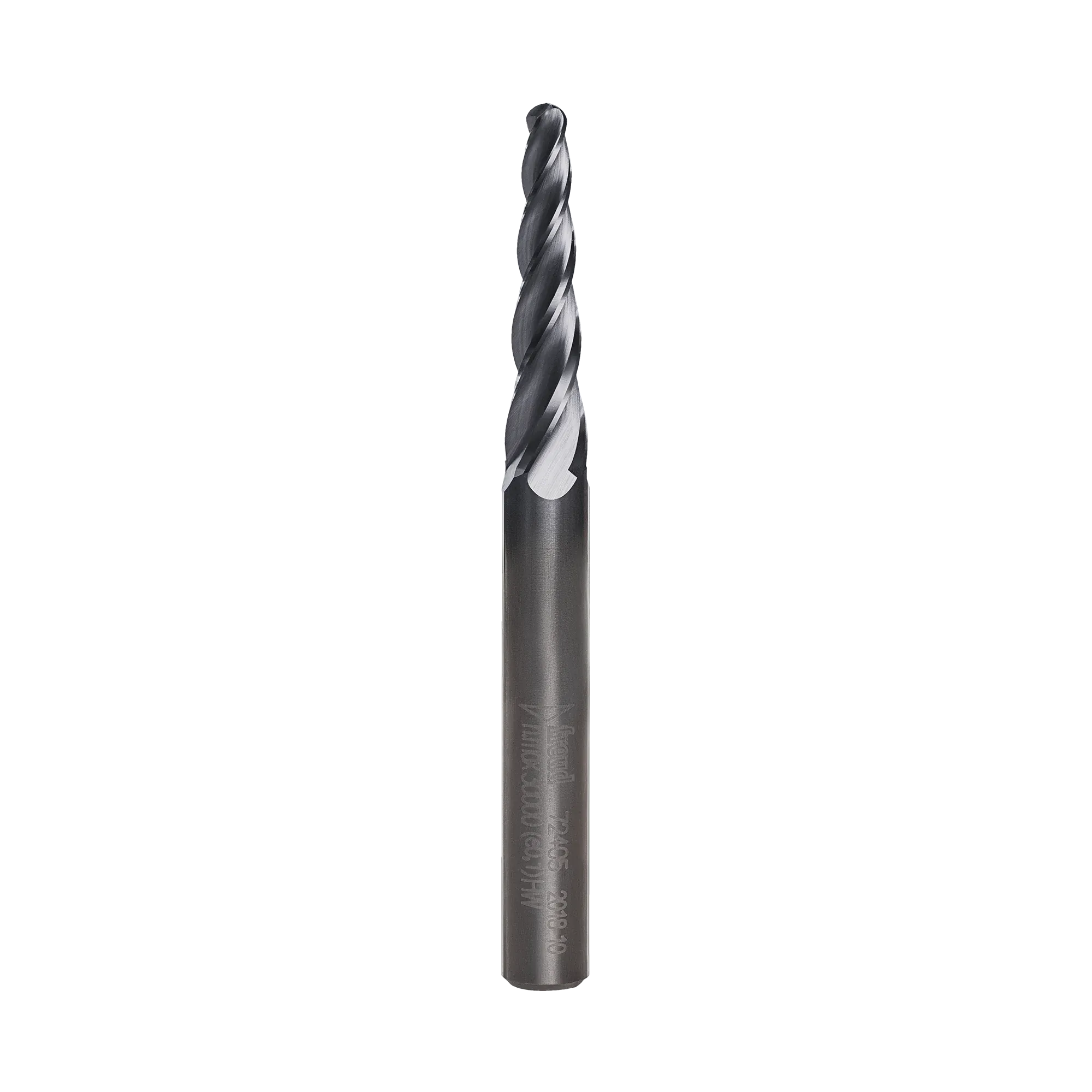 A studio shot of the Freud 72-405 solid carbide tapered ball tip router bit featuring a dark industrial coating and precision-ground flutes optimized for high-resolution 3D CNC carving and detailing.