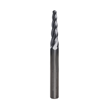 A studio shot of the Freud 72-405 solid carbide tapered ball tip router bit featuring a dark industrial coating and precision-ground flutes optimized for high-resolution 3D CNC carving and detailing.