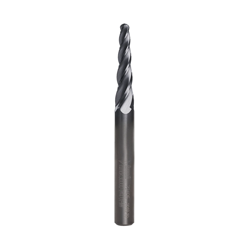 A studio shot of the Freud 72-405 solid carbide tapered ball tip router bit featuring a dark industrial coating and precision-ground flutes optimized for high-resolution 3D CNC carving and detailing.