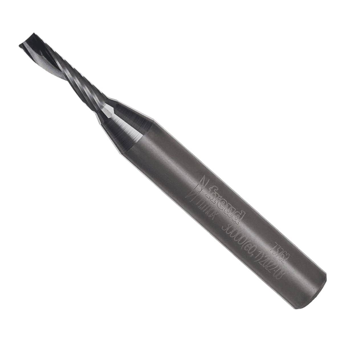 Freud 73-762 1/8-inch O-flute up spiral solid carbide router bit with a 1/4-inch shank and Black I.C.E. coating designed for clean, cool cuts in soft plastics.