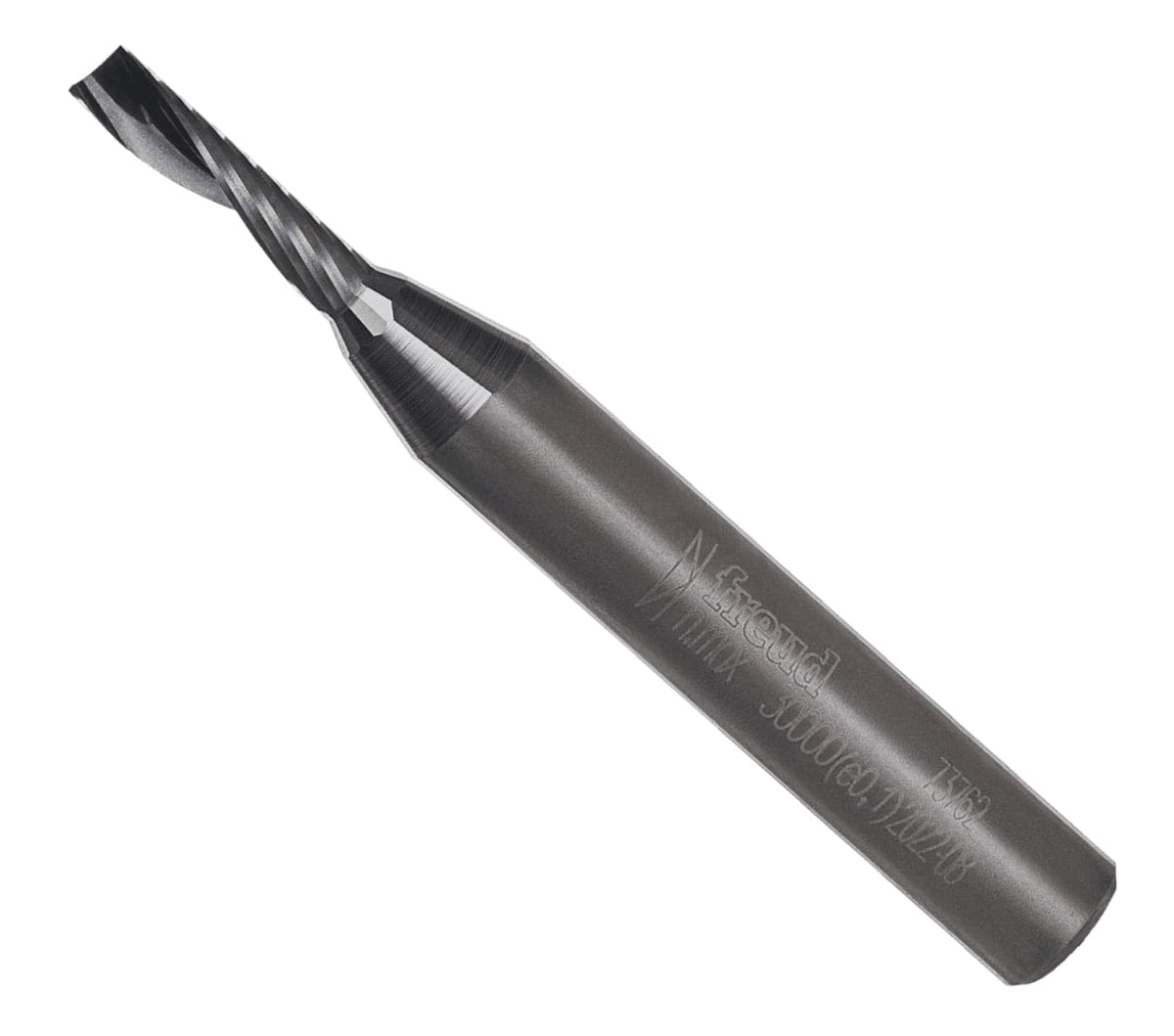 Freud 73-762 1/8-inch O-flute up spiral solid carbide router bit with a 1/4-inch shank and Black I.C.E. coating designed for clean, cool cuts in soft plastics.