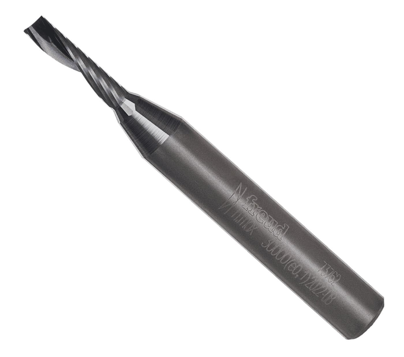 Freud 73-762 1/8-inch O-flute up spiral solid carbide router bit with a 1/4-inch shank and Black I.C.E. coating designed for clean, cool cuts in soft plastics.
