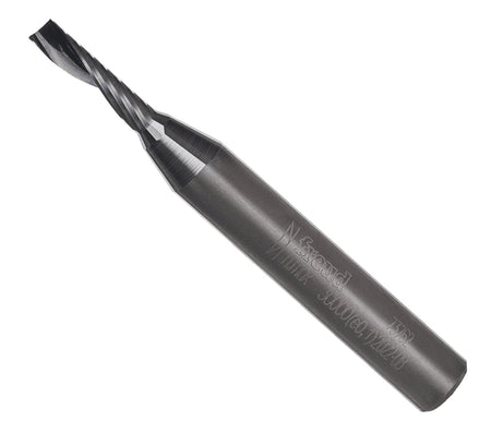 Freud 73-762 1/8-inch O-flute up spiral solid carbide router bit with a 1/4-inch shank and Black I.C.E. coating designed for clean, cool cuts in soft plastics.