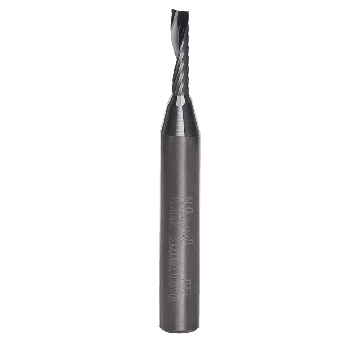 Full vertical profile of the Freud O-flute spiral router bit highlighting the single-flute design for superior chip evacuation and heat reduction in acrylic and HDPE.