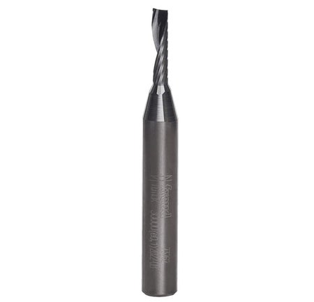 Full vertical profile of the Freud O-flute spiral router bit highlighting the single-flute design for superior chip evacuation and heat reduction in acrylic and HDPE.