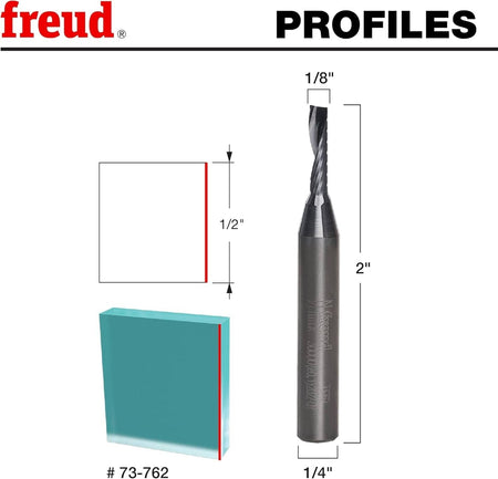 Technical profile diagram illustrating the 1/8-inch cutting diameter, 1/2-inch carbide height, and overall 2-inch length of the Freud 73-762 router bit.