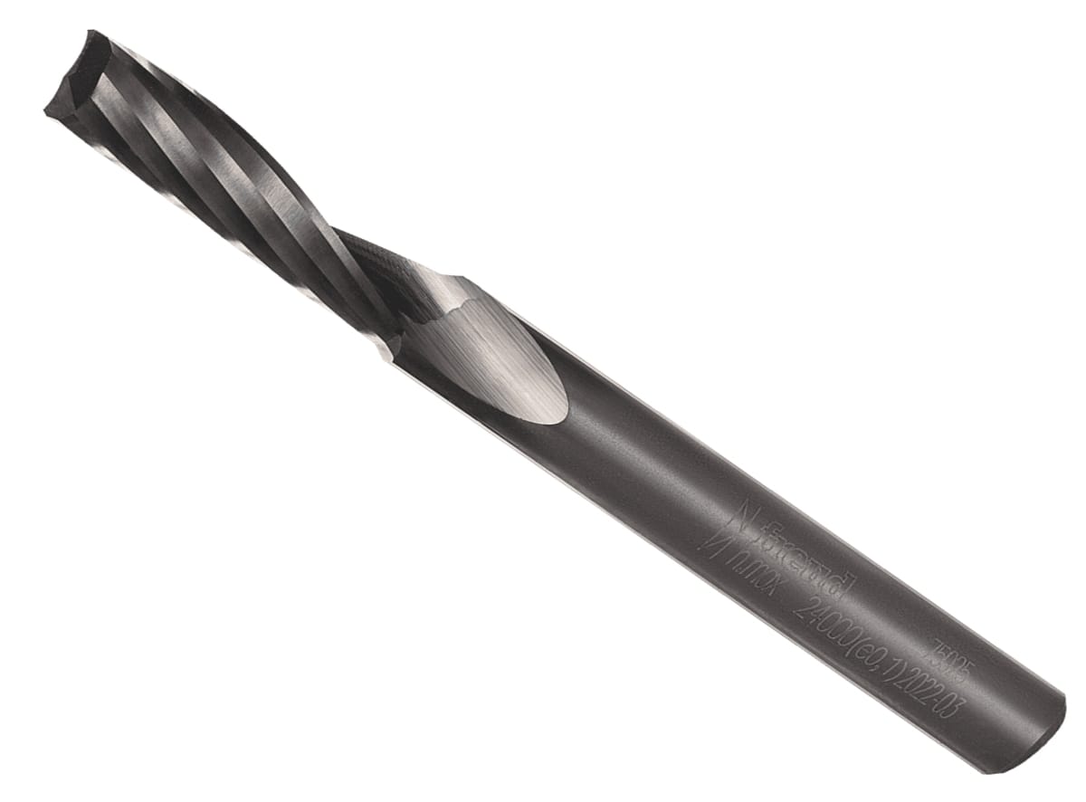 A close-up studio photograph on a plain white background of the Freud 75-025 solid carbide O-flute up spiral router bit, showing its single cutting edge designed for CNC plastics.