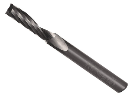 A close-up studio photograph on a plain white background of the Freud 75-025 solid carbide O-flute up spiral router bit, showing its single cutting edge designed for CNC plastics.