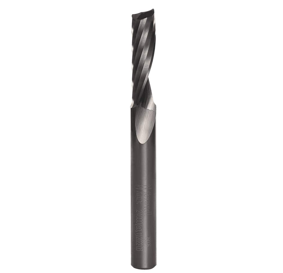 An close-up view focusing on the specialized geometry of the single O-flute upward spiral cutting edge of the Freud 75-025 solid carbide router bit for cool cutting in acrylic.