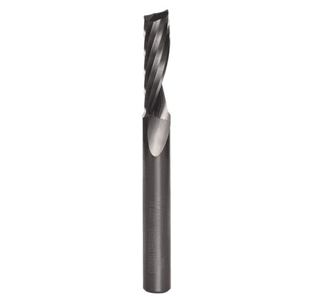 An close-up view focusing on the specialized geometry of the single O-flute upward spiral cutting edge of the Freud 75-025 solid carbide router bit for cool cutting in acrylic.