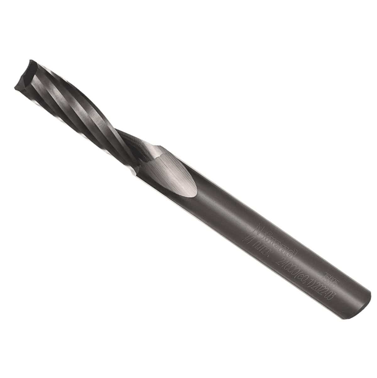 A close-up studio photograph on a plain white background of the Freud 75-025 solid carbide O-flute up spiral router bit, showing its single cutting edge designed for CNC plastics.