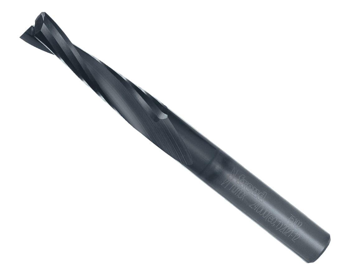 A studio shot of the Freud 75-102 1/4-inch up spiral router bit featuring a solid carbide body with a protective Black I.C.E. coating and a 1/4-inch shank for high-speed woodworking and CNC applications.