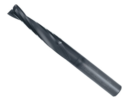 A studio shot of the Freud 75-102 1/4-inch up spiral router bit featuring a solid carbide body with a protective Black I.C.E. coating and a 1/4-inch shank for high-speed woodworking and CNC applications.