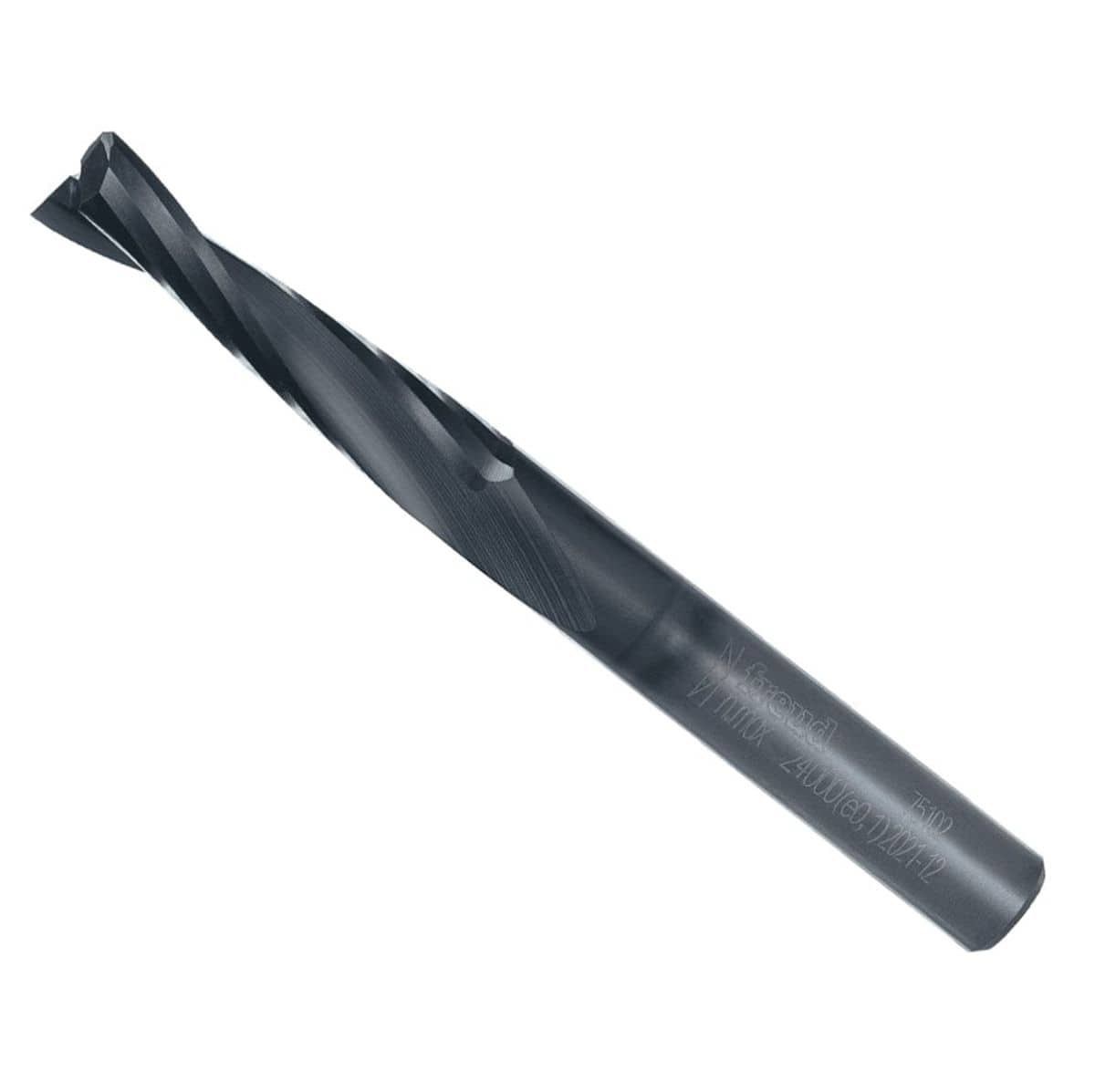A studio shot of the Freud 75-102 1/4-inch up spiral router bit featuring a solid carbide body with a protective Black I.C.E. coating and a 1/4-inch shank for high-speed woodworking and CNC applications.