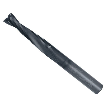 A studio shot of the Freud 75-102 1/4-inch up spiral router bit featuring a solid carbide body with a protective Black I.C.E. coating and a 1/4-inch shank for high-speed woodworking and CNC applications.