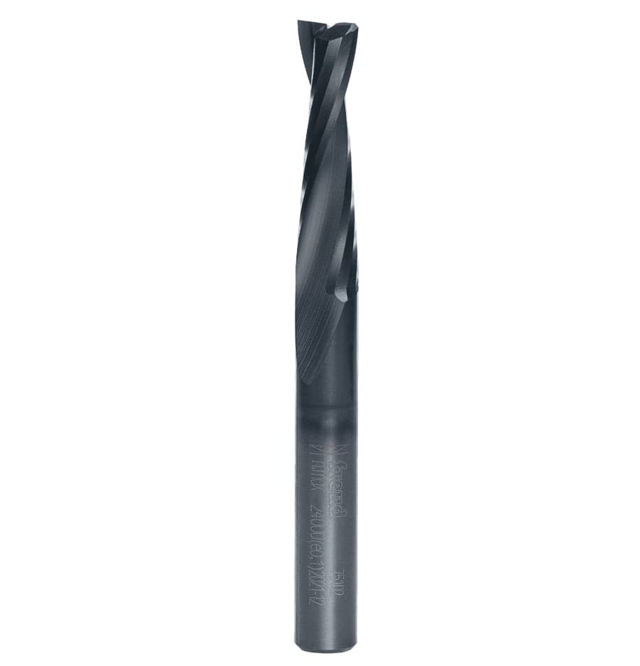 A profile view of the Freud 1/4-inch solid carbide up spiral bit highlighting the dual-flute upward spiral design engineered for efficient chip removal and a superior finish on the bottom surface of the workpiece.