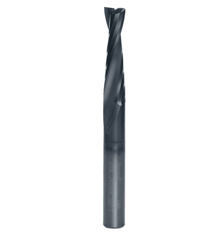 A profile view of the Freud 1/4-inch solid carbide up spiral bit highlighting the dual-flute upward spiral design engineered for efficient chip removal and a superior finish on the bottom surface of the workpiece.