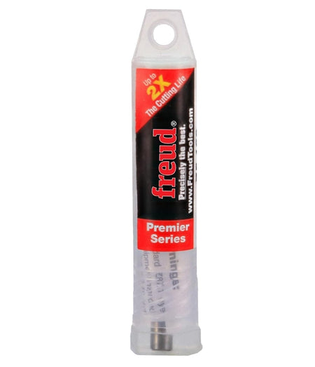 The professional retail packaging for the Freud Premier Series 75-102 router bit, featuring a clear protective case and labeling that specifies up to 2X longer cutting life compared to standard bits.