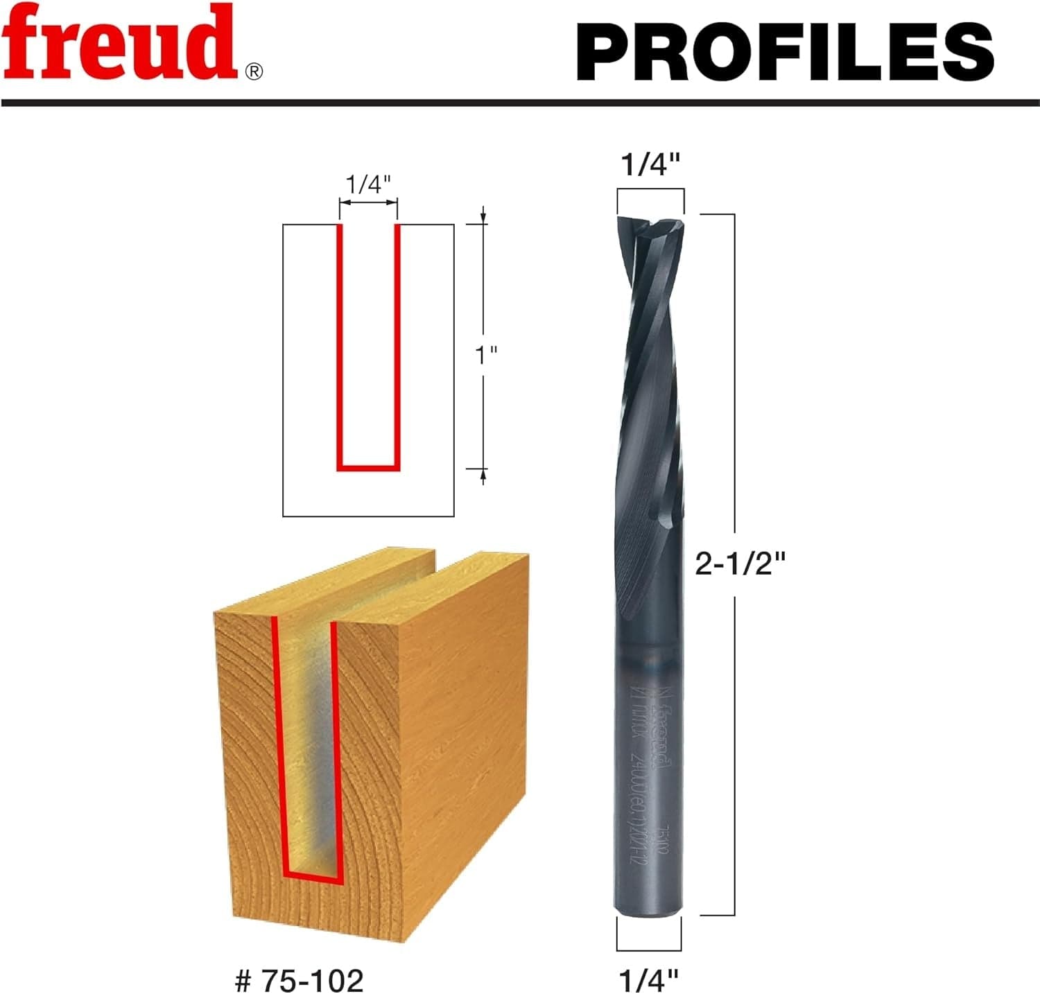 A technical profile graphic showing the dimensions of the Freud 75-102, including a 1/4-inch cutting diameter, a 1-inch carbide height, and a 2-1/2 inch overall length, alongside a visual of the clean mortising cut it produces.