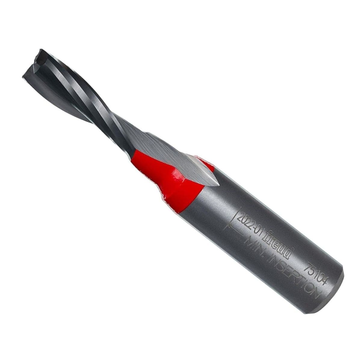 Angled view of the Freud 75-104 5/16 inch up spiral solid carbide router bit featuring a sharp spiral cutting edge and a silver 1/2 inch shank with laser-etched model information.