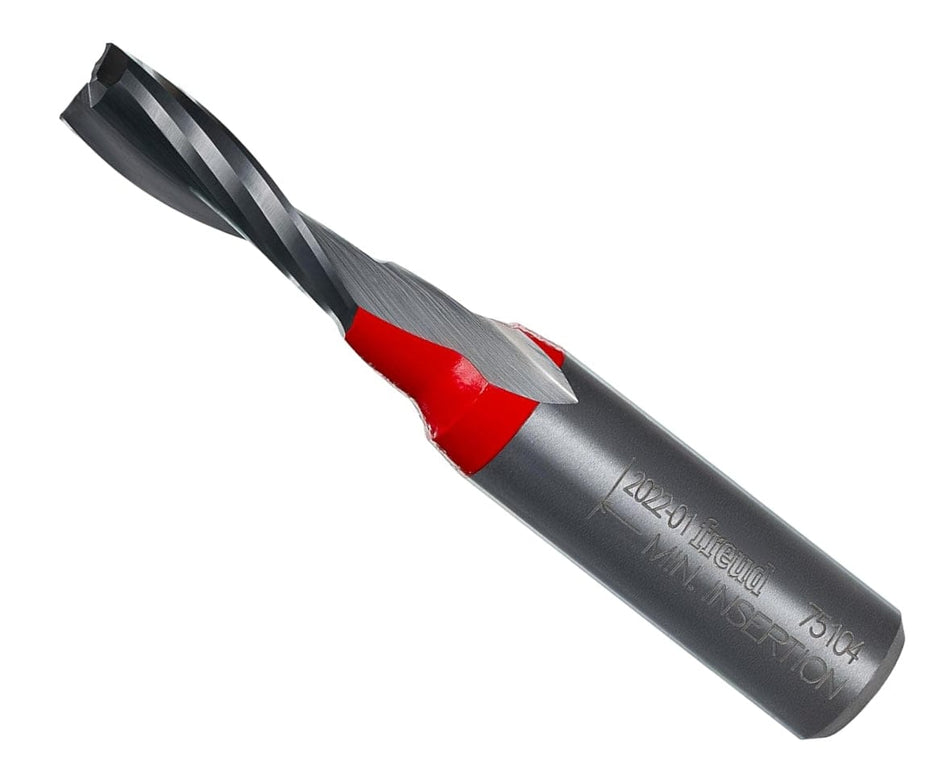 Angled view of the Freud 75-104 5/16 inch up spiral solid carbide router bit featuring a sharp spiral cutting edge and a silver 1/2 inch shank with laser-etched model information.