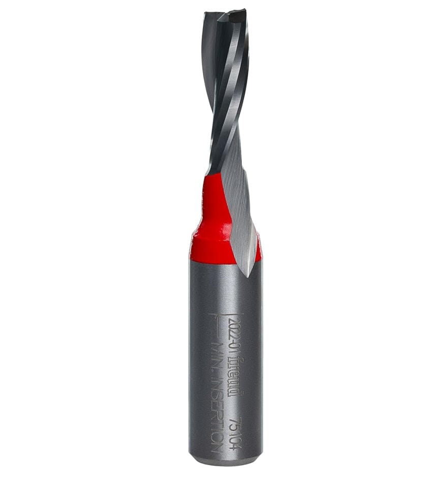 Vertical profile of the Freud 75-104 up spiral router bit showing the solid carbide construction and the high-precision spiral flute designed for rapid chip evacuation.