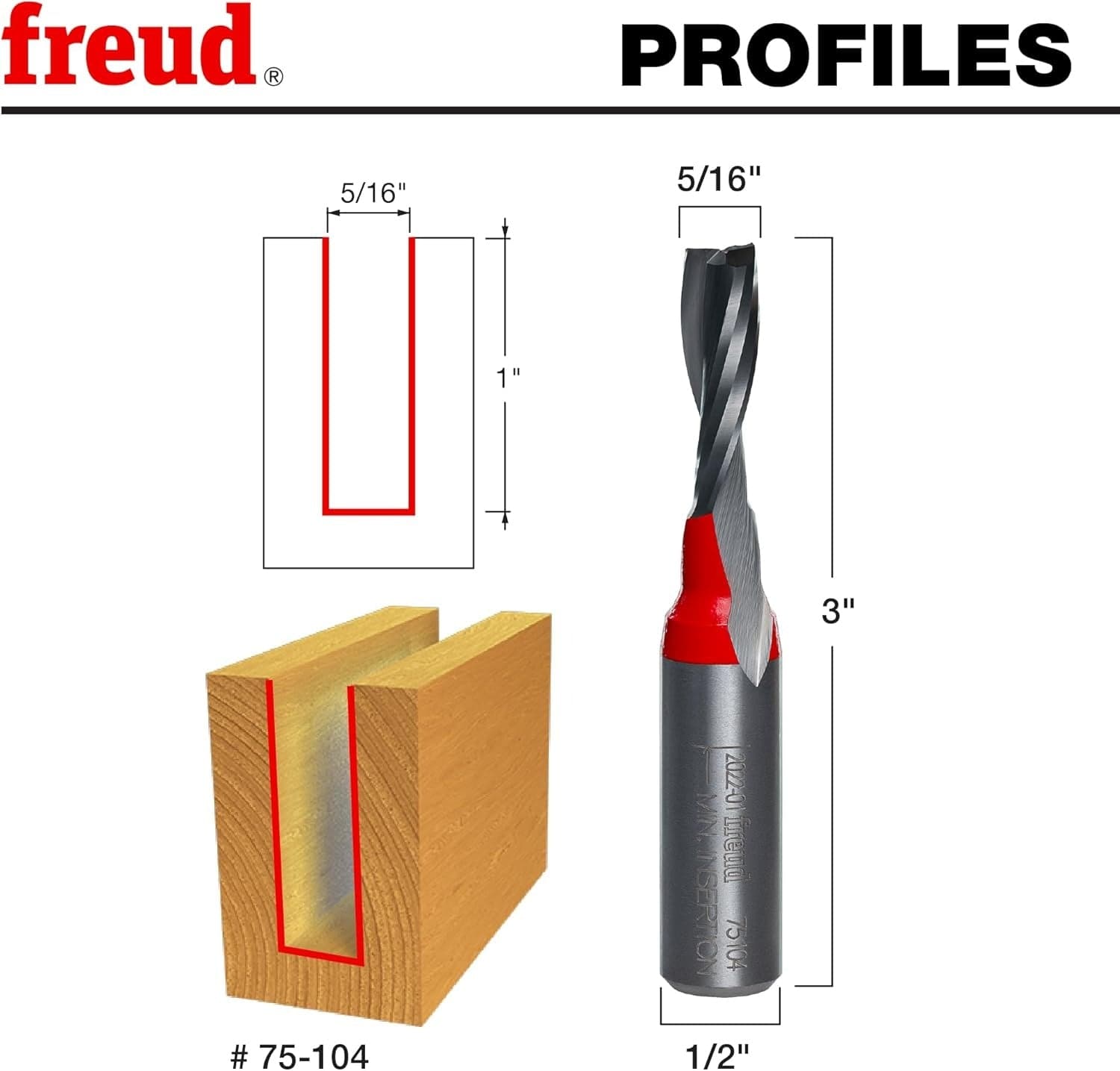 Technical profile diagram for the Freud 75-104 showing a 5/16 inch diameter, 1 inch carbide height, and 3 inch overall length next to an illustration of a deep mortise cut.