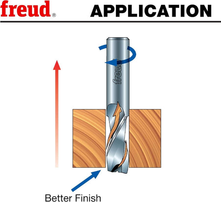 Application diagram showing the upward shearing action of the Freud 75-104 spiral bit which pulls chips upward to provide a better finish on the bottom surface of the material.
