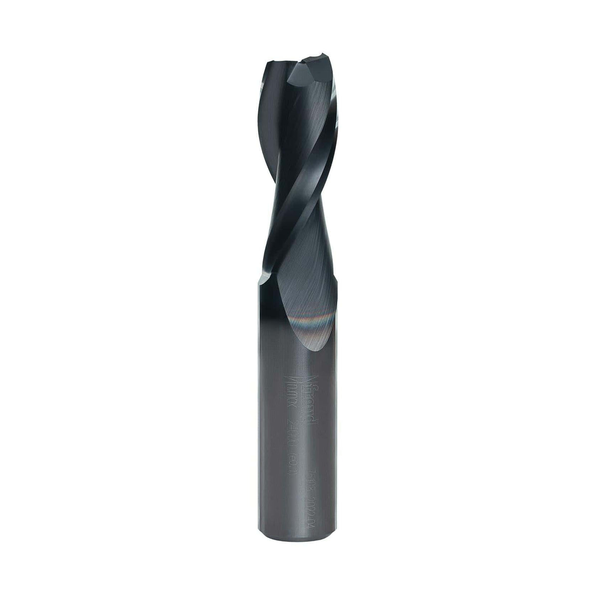 Vertical view of the Freud 75-108 solid carbide up spiral router bit, showing the dark Black I.C.E. coating and the spiral flutes.