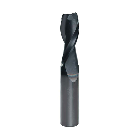 Vertical view of the Freud 75-108 solid carbide up spiral router bit, showing the dark Black I.C.E. coating and the spiral flutes.
