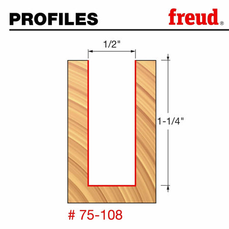 Diagram showing the technical dimensions of the cut profile created by the Freud 75-108 bit: 1/2 inch diameter and 1-1/4 inch cutting height.