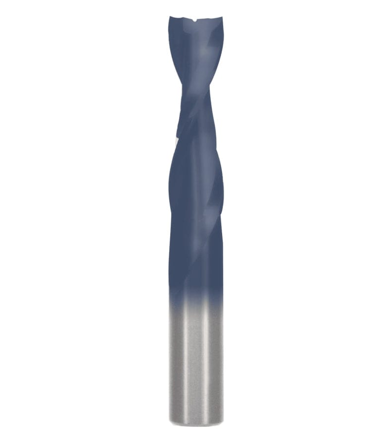 A studio product shot of the Freud 75-110 up spiral router bit, featuring a solid carbide construction with a polished silver shank and a dark blue-black coated spiral cutting edge.