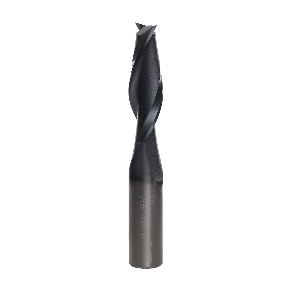 A studio product shot of the Freud 75-110 up spiral router bit, featuring a solid carbide construction with a polished silver shank and a dark blue-black coated spiral cutting edge.