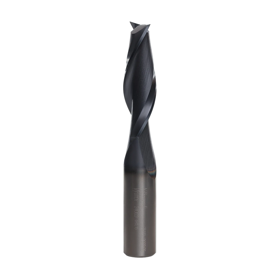 A studio product shot of the Freud 75-110 up spiral router bit, featuring a solid carbide construction with a polished silver shank and a dark blue-black coated spiral cutting edge.