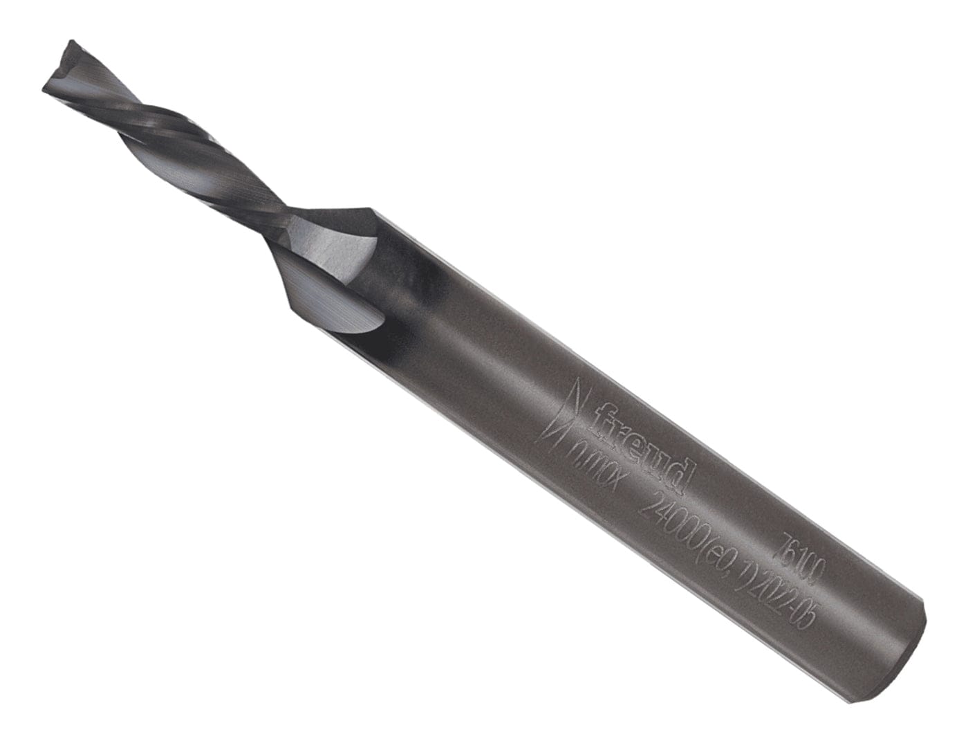 Freud 76-100 1/8-inch down spiral solid carbide router bit featuring a 1/4-inch shank and Black I.C.E. coating designed for clean top-surface finishes in CNC woodworking.