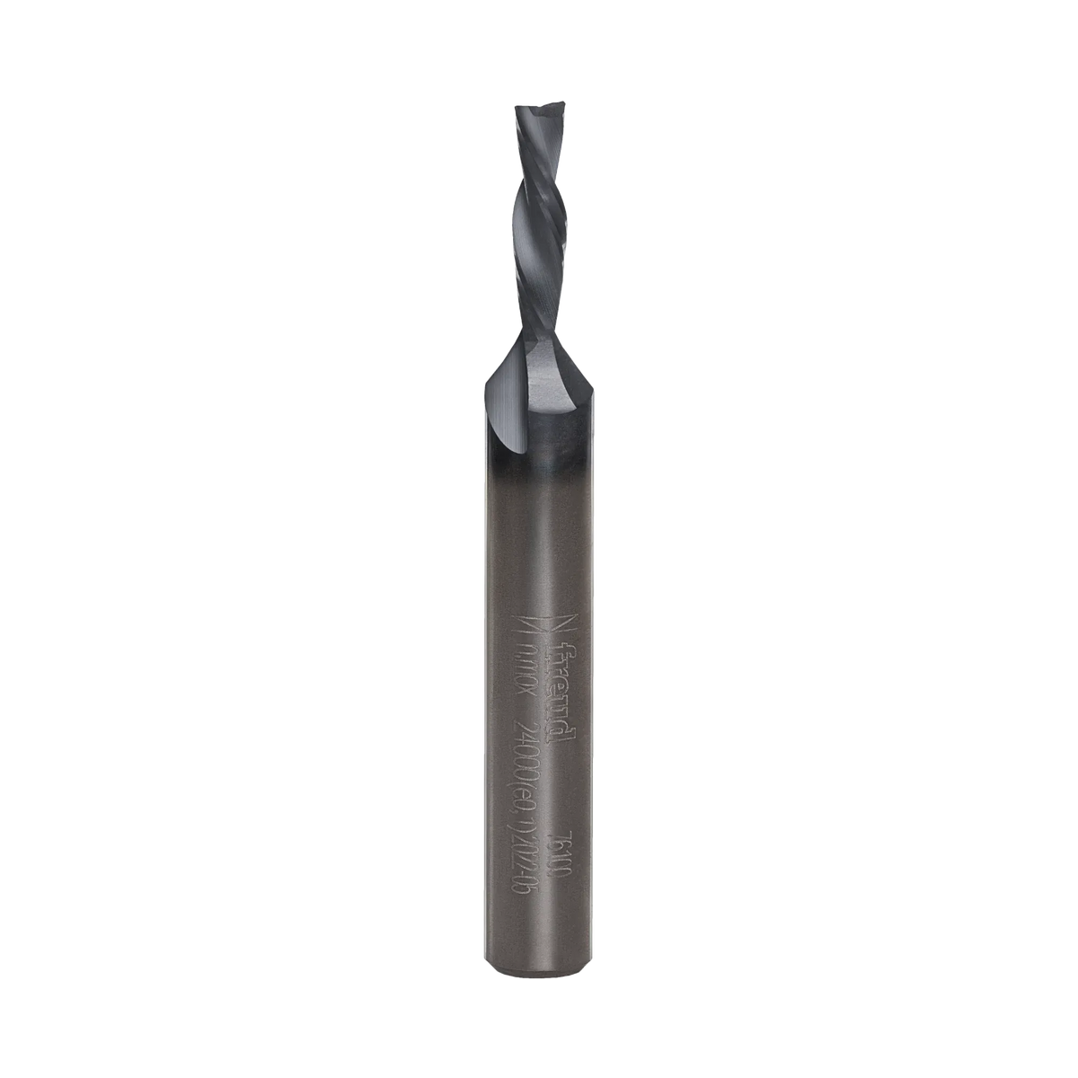 Full vertical profile of the Freud 1/8-inch diameter downshear spiral router bit highlighting the precision-ground solid carbide flutes and industrial cooling coating.