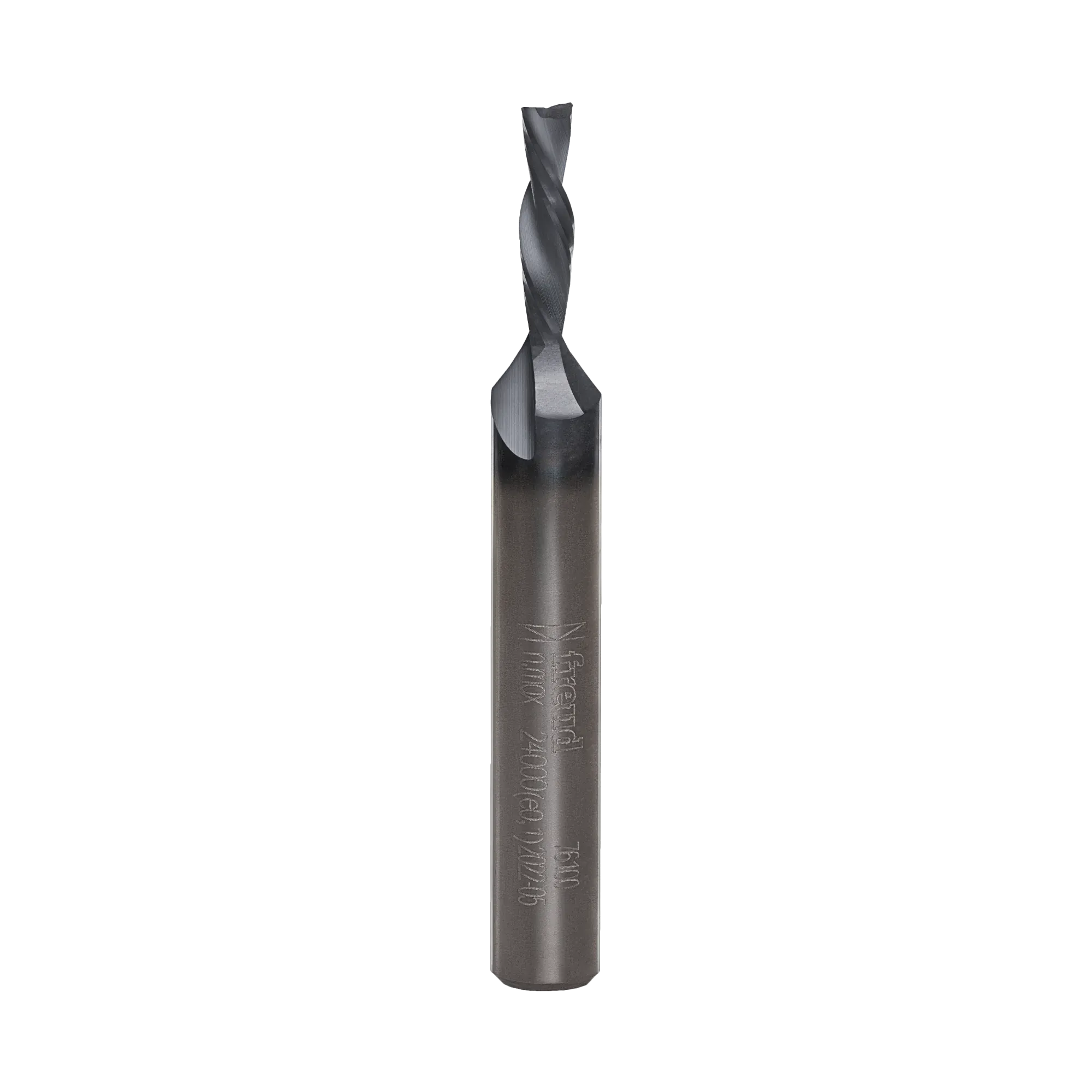 Full vertical profile of the Freud 1/8-inch diameter downshear spiral router bit highlighting the precision-ground solid carbide flutes and industrial cooling coating.