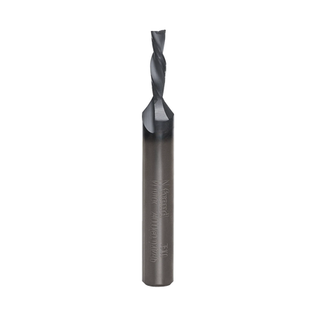 Full vertical profile of the Freud 1/8-inch diameter downshear spiral router bit highlighting the precision-ground solid carbide flutes and industrial cooling coating.