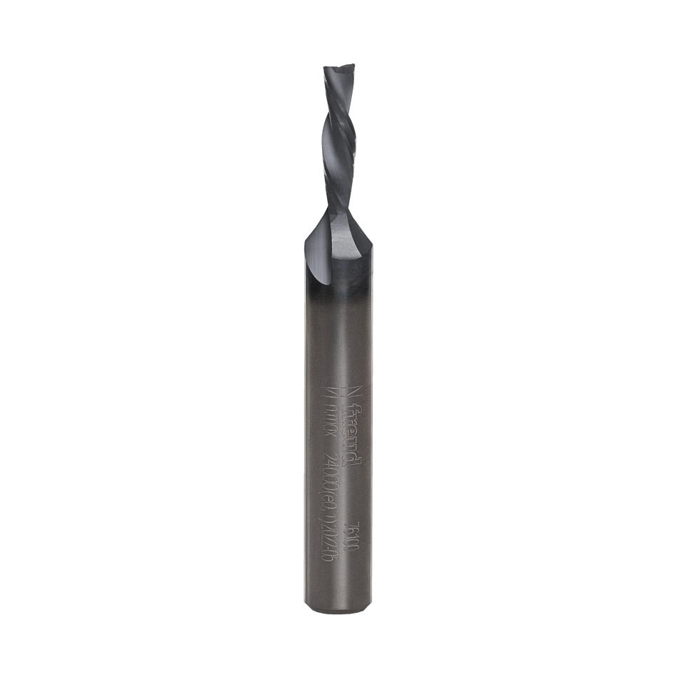 Full vertical profile of the Freud 1/8-inch diameter downshear spiral router bit highlighting the precision-ground solid carbide flutes and industrial cooling coating.