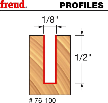 Technical profile diagram illustrating the 1/8-inch cutting width and 1/2-inch maximum cutting depth of the Freud 76-100 down spiral router bit in solid wood.