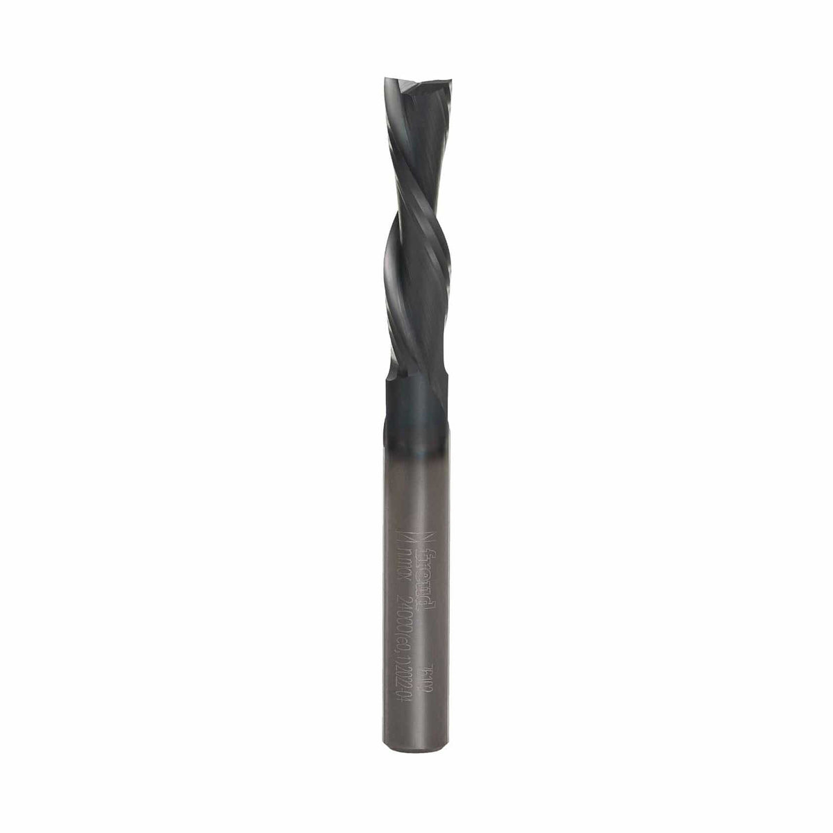 A studio image of the Freud 76-102 solid carbide down spiral router bit, showing its 1/4-inch shank and dark I.C.E. coating.