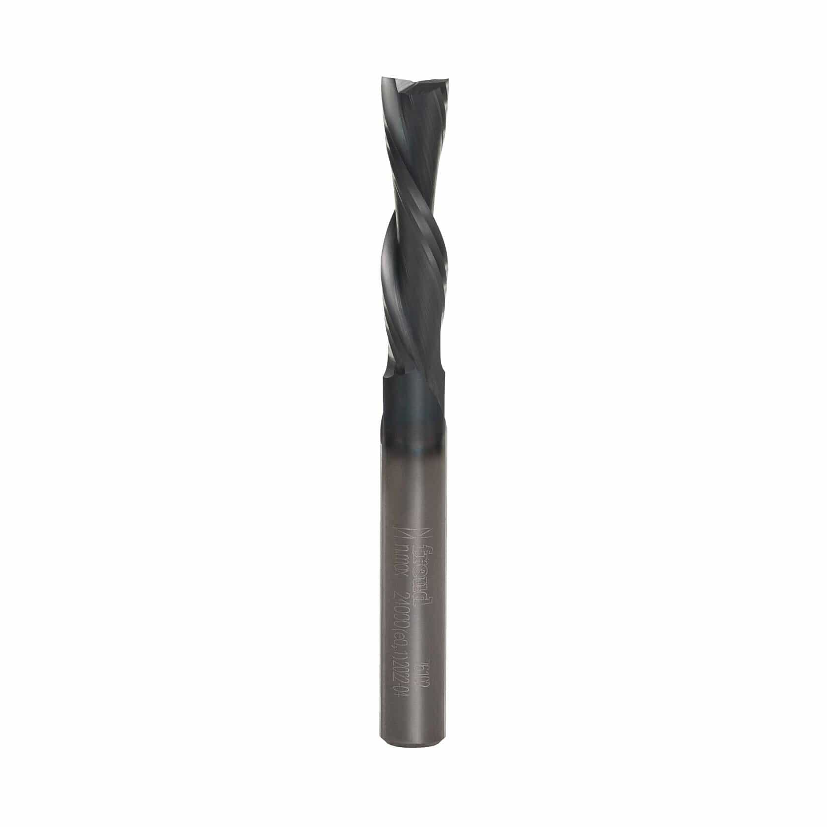 A studio image of the Freud 76-102 solid carbide down spiral router bit, showing its 1/4-inch shank and dark I.C.E. coating.