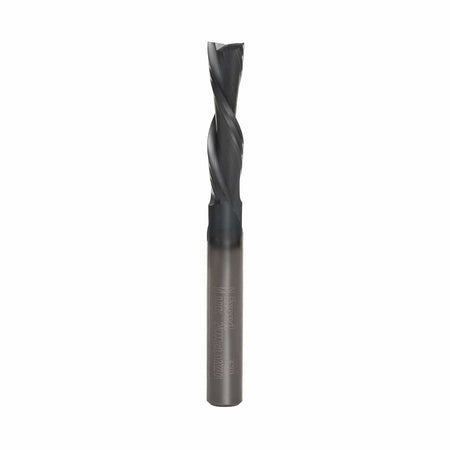 A studio image of the Freud 76-102 solid carbide down spiral router bit, showing its 1/4-inch shank and dark I.C.E. coating.