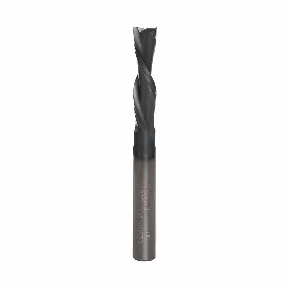A studio image of the Freud 76-102 solid carbide down spiral router bit, showing its 1/4-inch shank and dark I.C.E. coating.