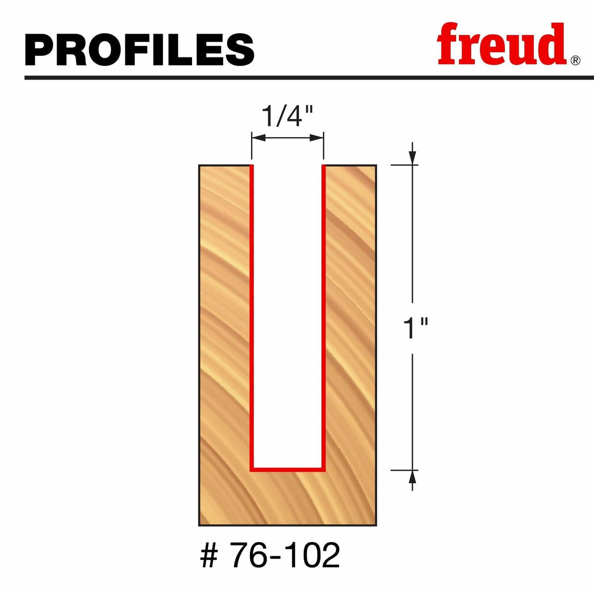 A technical profile diagram for the Freud 76-102 bit, showing its 1/4-inch cut width and 1-inch cut depth.